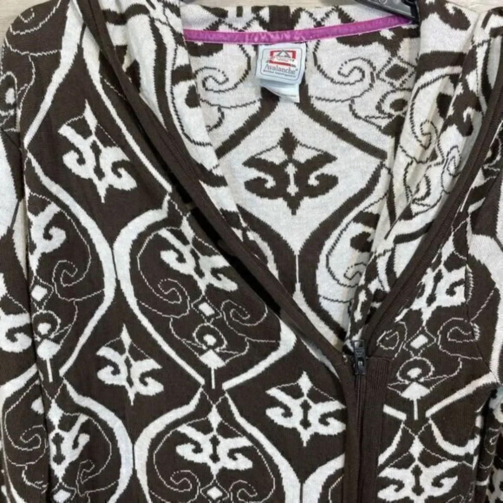 Avalanche Womens Full Zip Cardigan Brown Sz Medium Damask Knit Hoodie Tunic Cozy - Picture 7 of 12